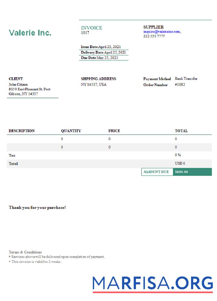 Blank USA Valerie Inc. invoice template